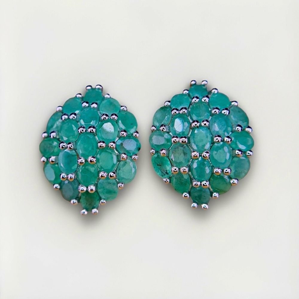 Natural Emerald Cluster Earrings - 38 Genuine Gems • 925 Sterling Silver